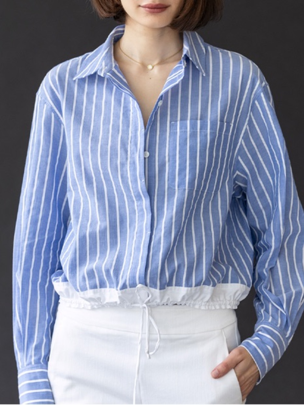 GO BY GO SILK Go Cotton Stringing Me Along  Classic White Drawstring Hem Shirt L